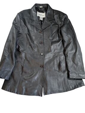 Modern Essentials Womens Black Long Button Front 100% Leather Jacket Large